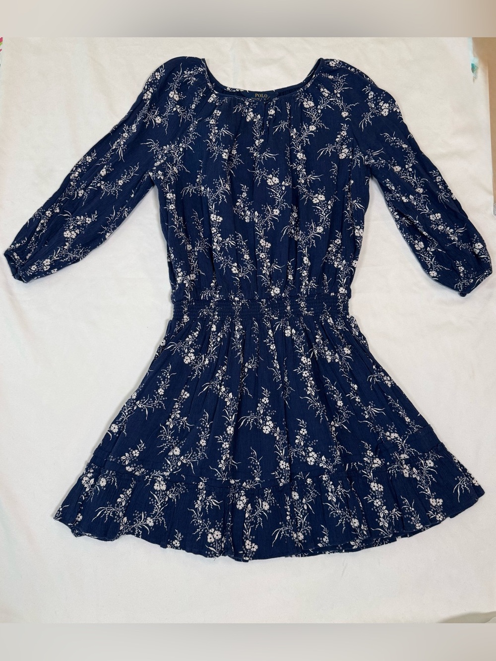 Polo Ralph Lauren Girls Boho Blue and White Flower Dress, Size 12.